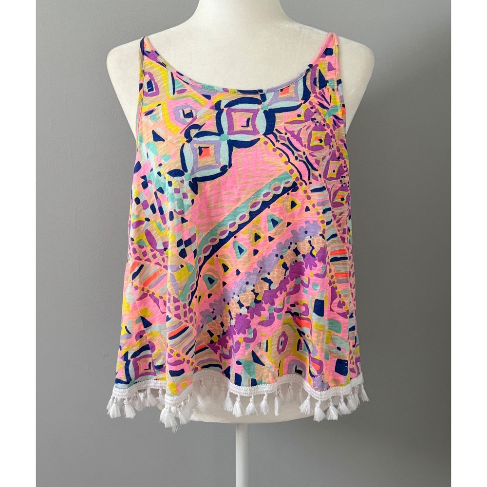 Lilly Pulitzer Auden Tassel Fringe Hem Boho Tank Top Multi Abstract Size Large